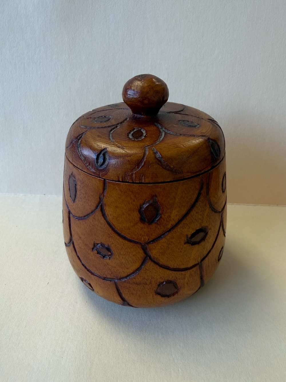 Vintage Small Hand Crafted Wood Pineapple Acorn Container Canister with Lid.